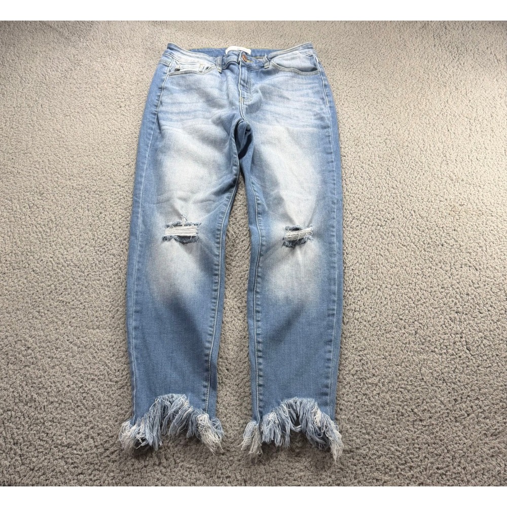 Kancan Light Wash Distressed Frayed Hem Skinny Jeans KC8443L Blue Size 15/31